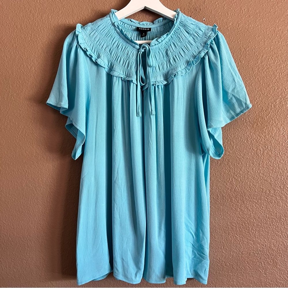 Torrid Blue Smocked Ruffled Blouse with Front Tie and Bib Collar Size 2